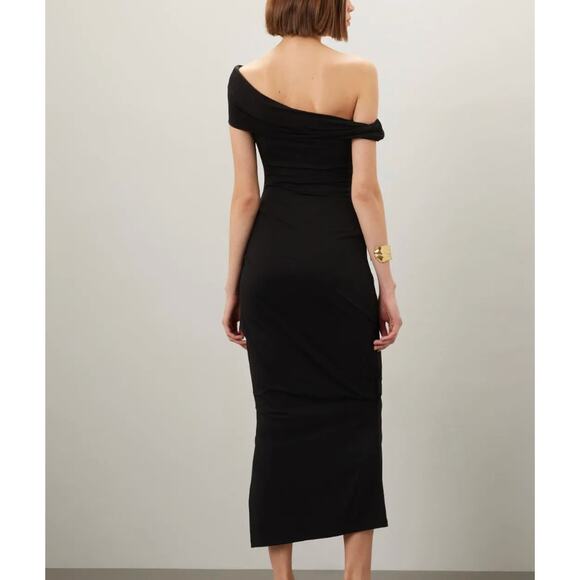 Paris Georgia Black Ruched Midi Dress MEDIUM Bodycon Off Shoulder Cocktail $250 - Picture 4 of 10